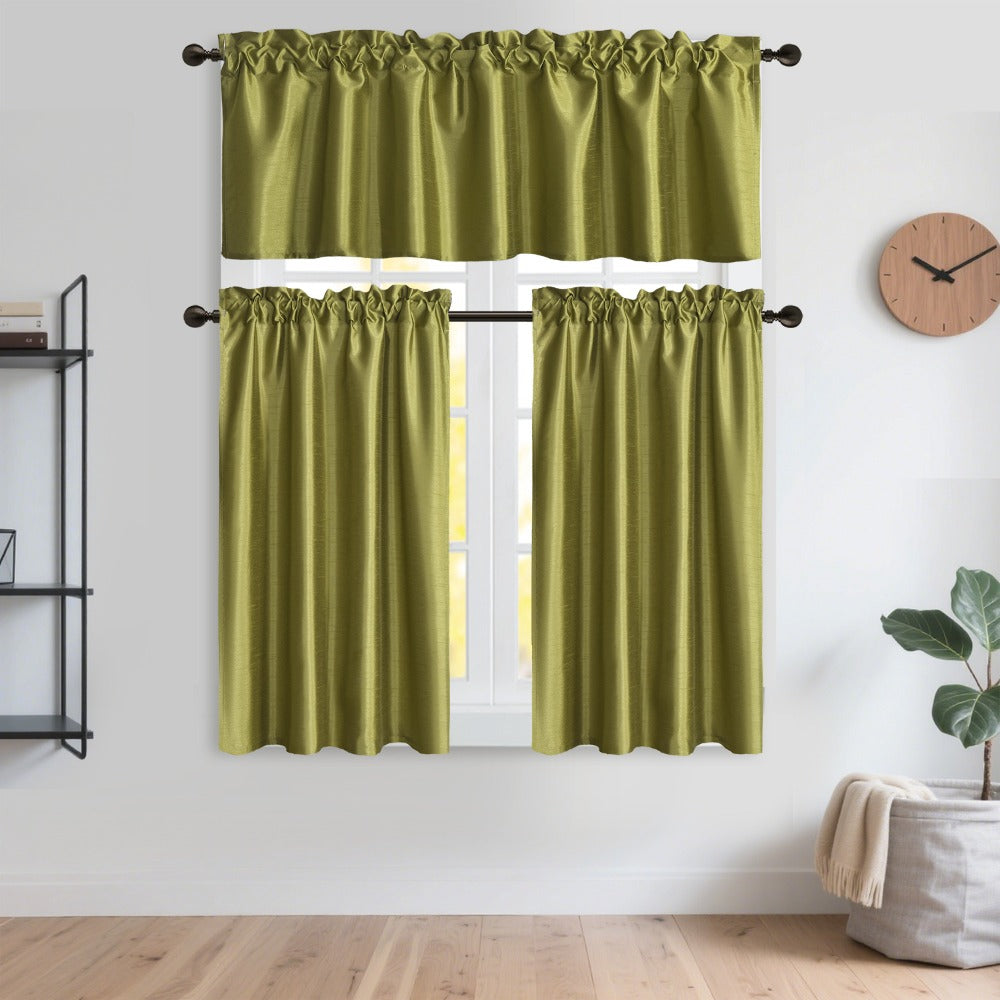 Three-Piece Faux Silk Window Curtain Set with Rod-Pocket Valance, Two 26 x 36-Inch Tiers and Eleven Colors