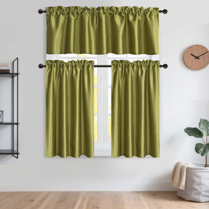 Three-Piece Faux Silk Window Curtain Set with Rod-Pocket Valance, Two 26 x 36-Inch Tiers and Eleven Colors