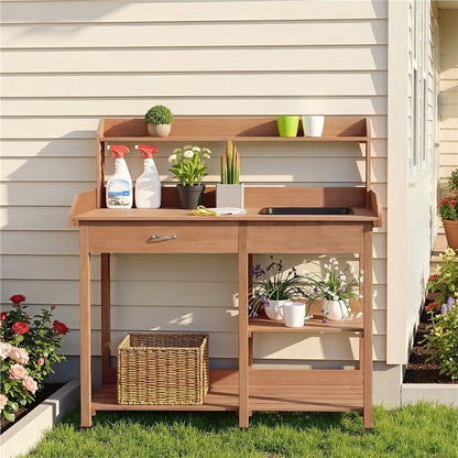 Garden Potting Table 4-Tier with Removable Sink, Adjustable Shelf, Drawer & Side Hooks, Outdoor Planter Stand for Yard Greenhouse in Wood