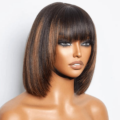 Straight Bob Wig with Bangs Human Hair 3x1 Lace Part Pre-Plucked Glueless Brazilian Short Bob 150 Density 1B/30 Highlight Natural Black