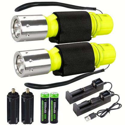 Scuba Diving Flashlight 2-Pack – Waterproof 80ft T6 LED 500 Lumens, Rechargeable 18650 USB, 3 Modes Rotary Switch Dive Light for Snorkeling