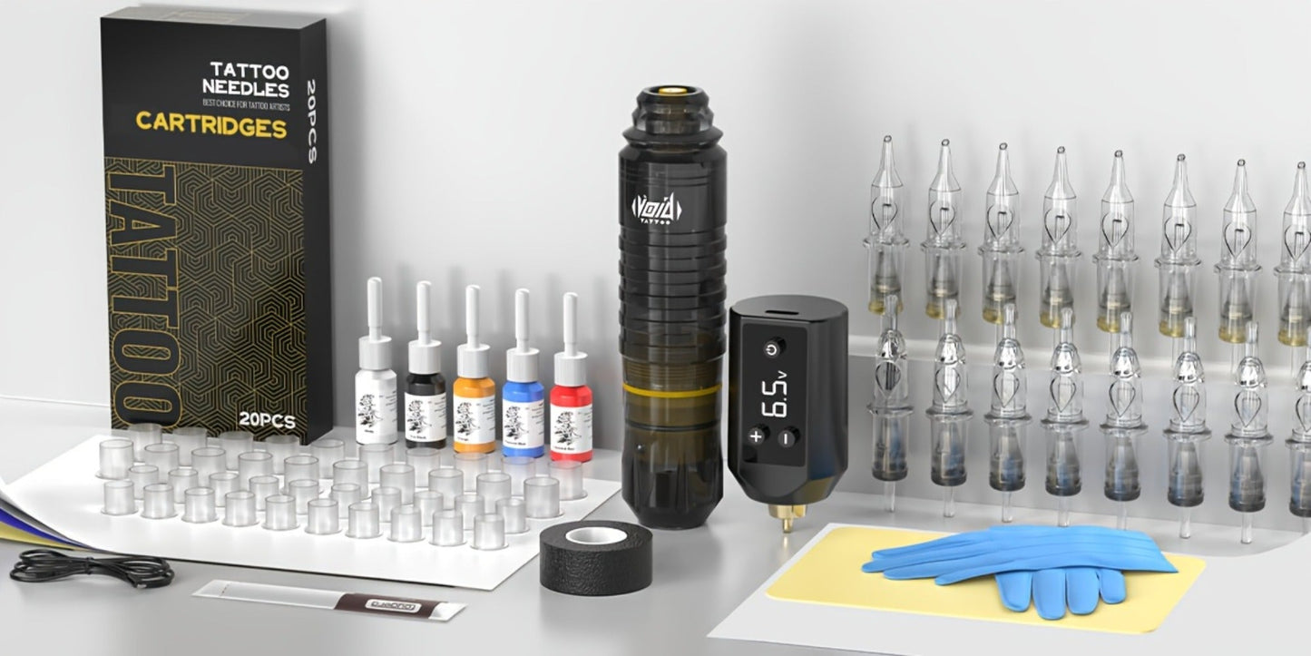 Cordless Tattoo Pen Kit Complete Set VOID 1200mAh Battery USB Type-C 20 Needles 5 Inks 40 Ink Caps Practice Skin Transfer Paper Gloves