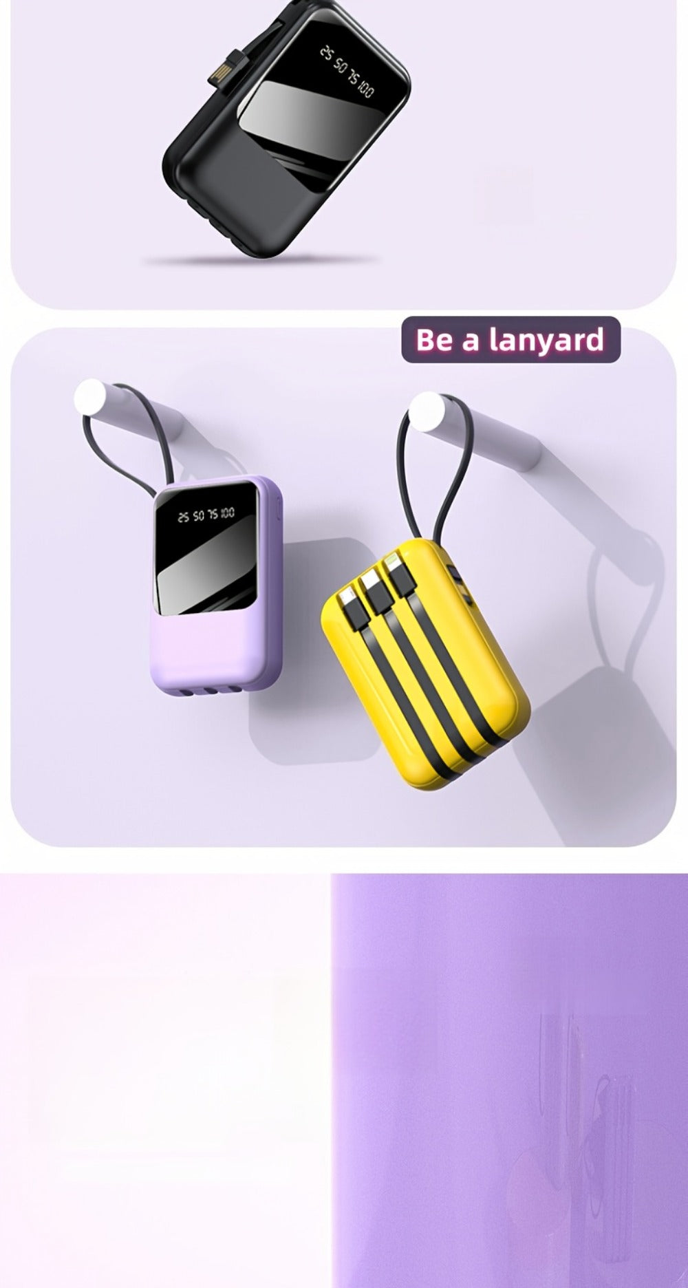Power Bank 10000mAh Mini with Built-In Cable Set, 5W/15W/22.5W Options, Display and LED Light