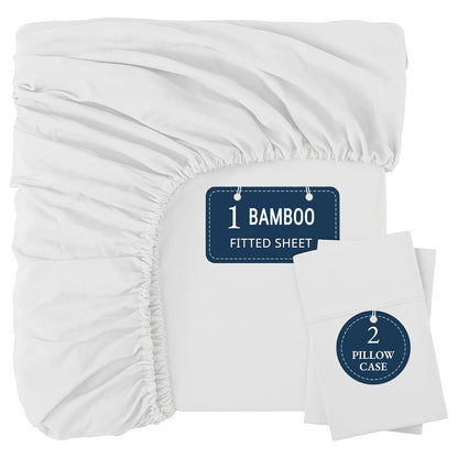 Bamboo Fitted Sheet Set 3-Piece – Cooling Breathable Soft Deep Pocket Bed Sheets, Twin Full Queen King, 12 Colors – Fits Mattress Up to 15"