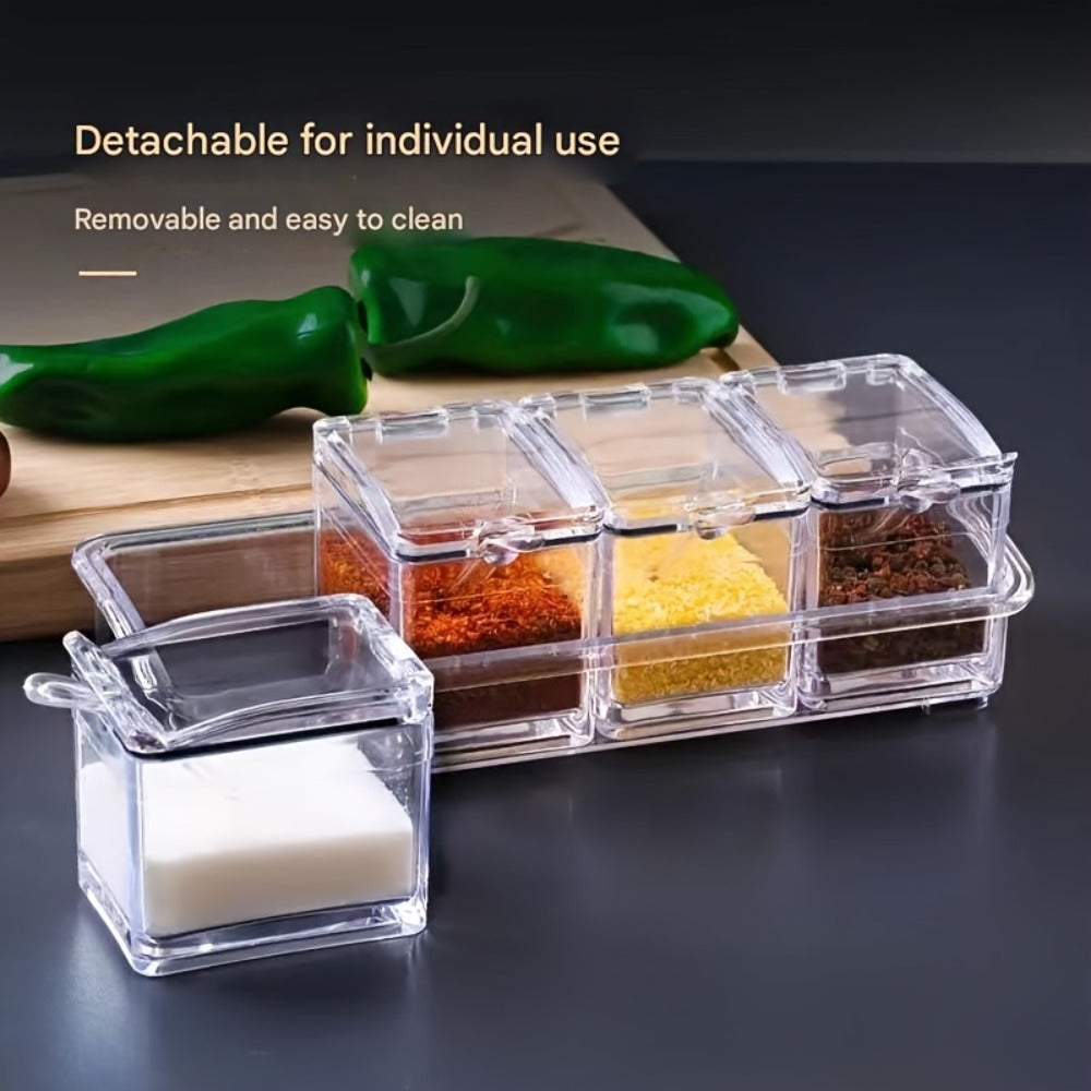 Four-Grid Clear Spice Box Set with Individual Flip-Top Lids, Shared Base, Four Compartments and 26cm Length