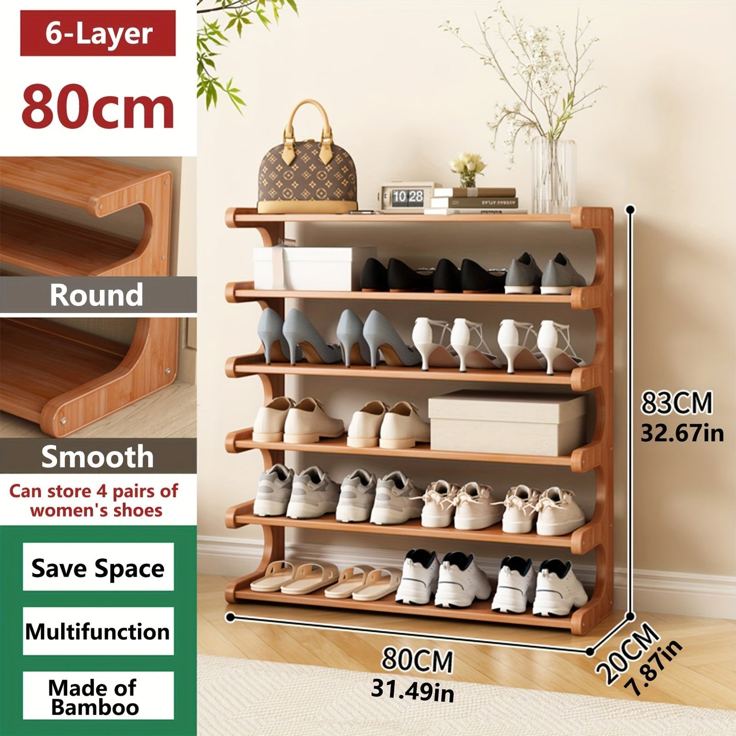 Shoe Rack Wood-Grain Freestanding Organizer with 3-Tier, 5-Tier or 6-Tier Brown Height Options