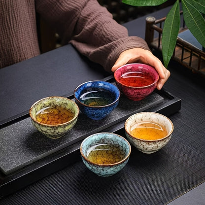 Kung Fu Tea Cups Set of 5 – Handmade Kiln-Fired Jianzhan Ceramic Teacups – Five-Element Design in 5 Colors with Gift Box