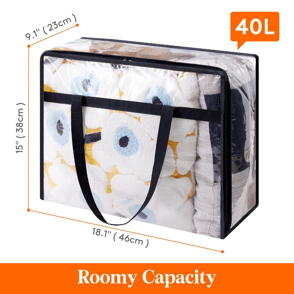 Four-Piece 40-Liter Clear Storage Bag Set with Black Handles, Zipper Closure and Fold-Flat Design