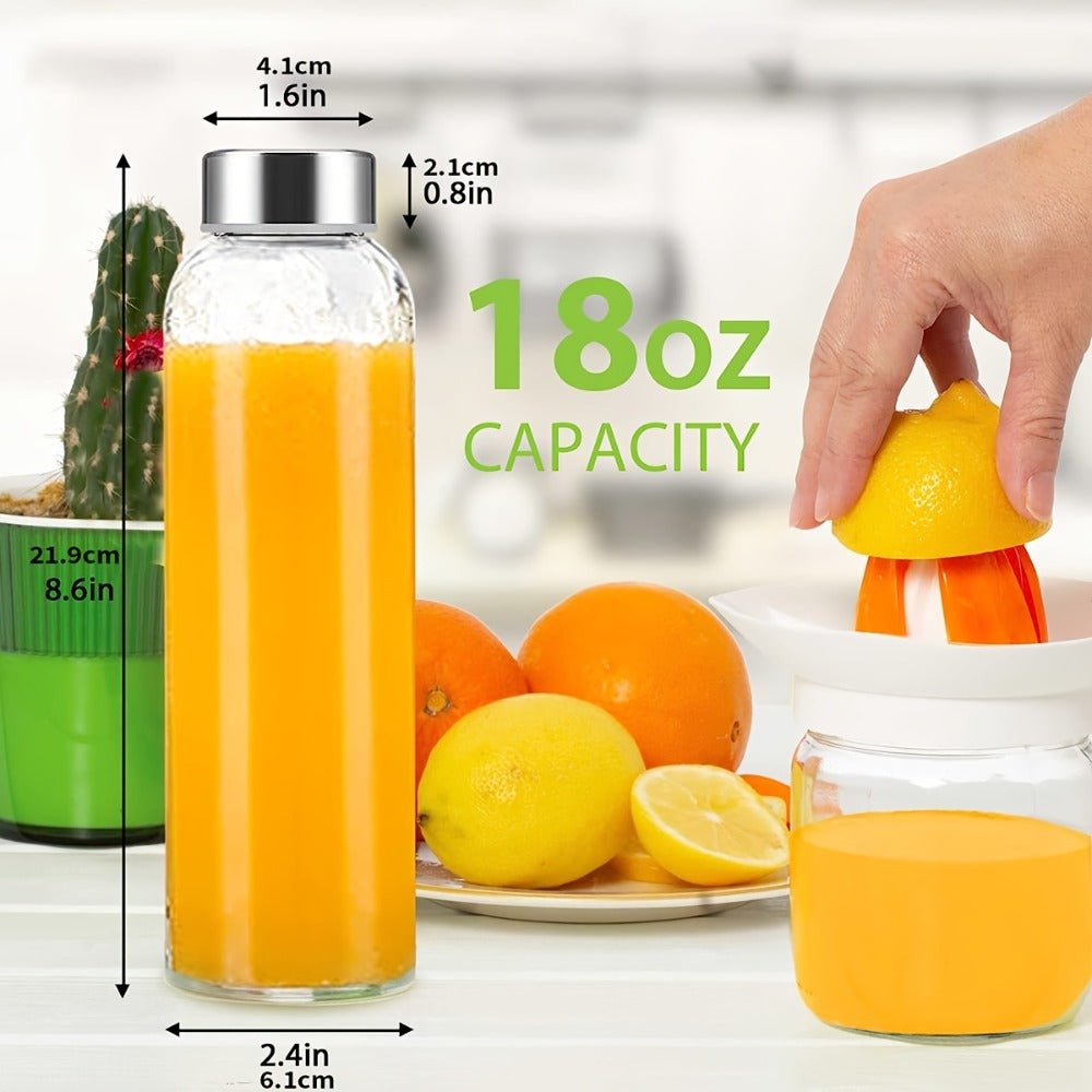 Glass Water Bottles 6-Pack, 18 oz Clear Reusable Juice Bottles with Stainless Steel Lids for Drinks and Refrigerator Storage