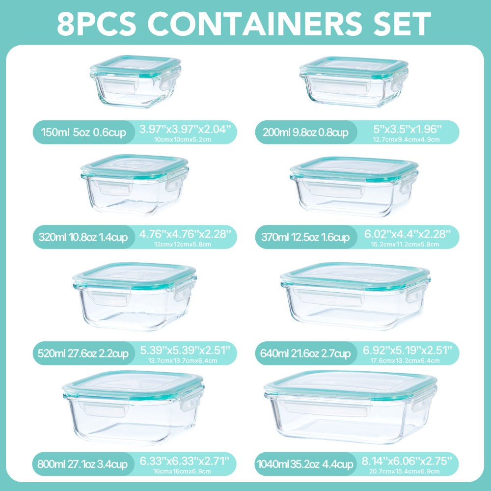Glass Meal Prep Containers 16 Piece Set (8 Lids + 8 Containers) - Borosilicate Glass Food Storage with Leak Proof Lids