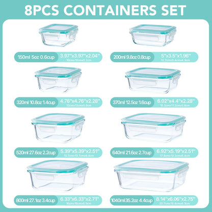 Glass Meal Prep Containers 16 Piece Set (8 Lids + 8 Containers) - Borosilicate Glass Food Storage with Leak Proof Lids