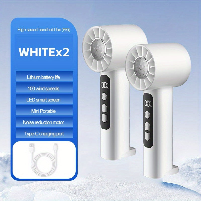 Two-Pack 1800mAh Handheld Fans with 100-Level Speed Display, USB-C Charging and White or Dark Gray Sets