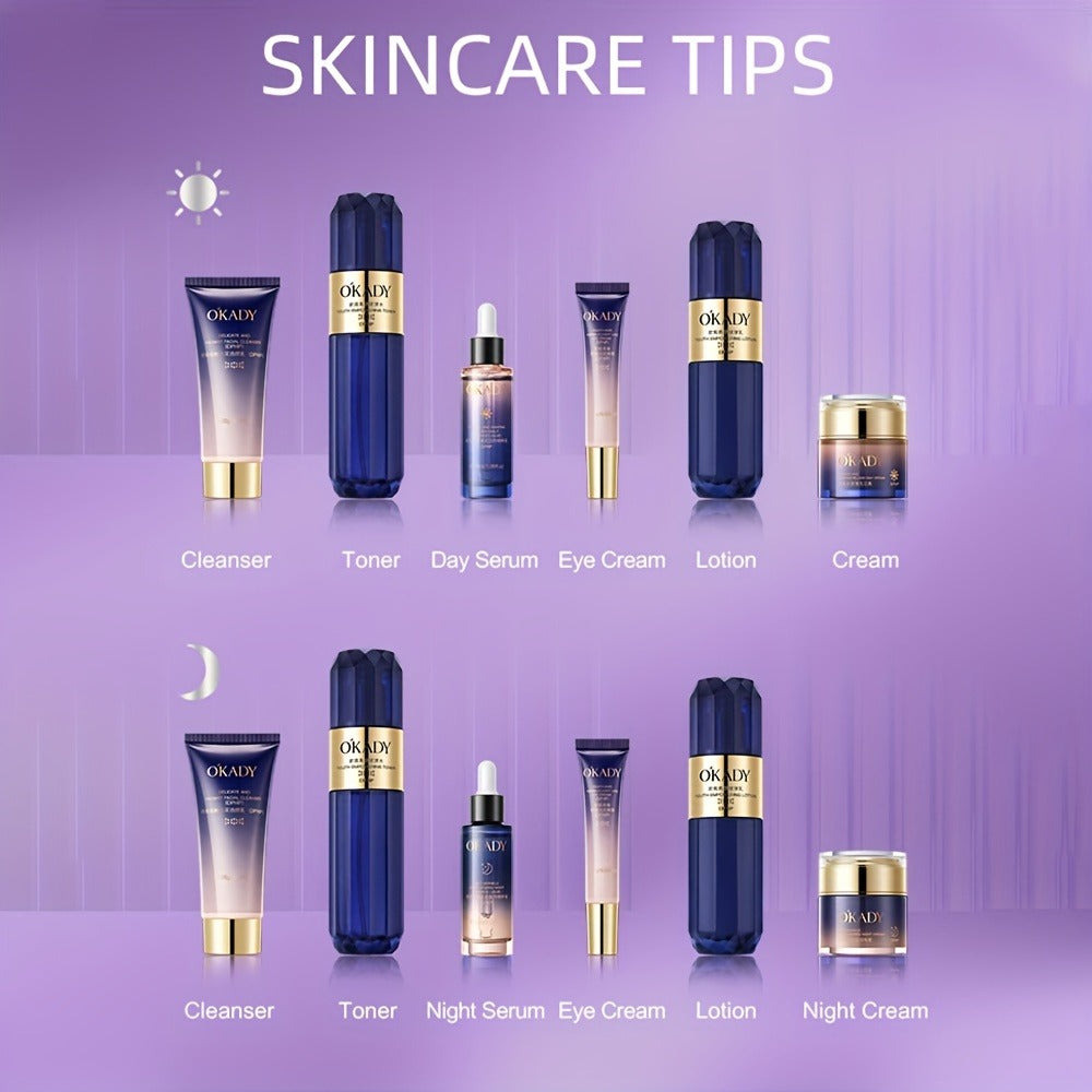 Skincare Set with OKADY Label, 8 Collagen and Hyaluronic Acid Product Items in Blue Gold Gift Box