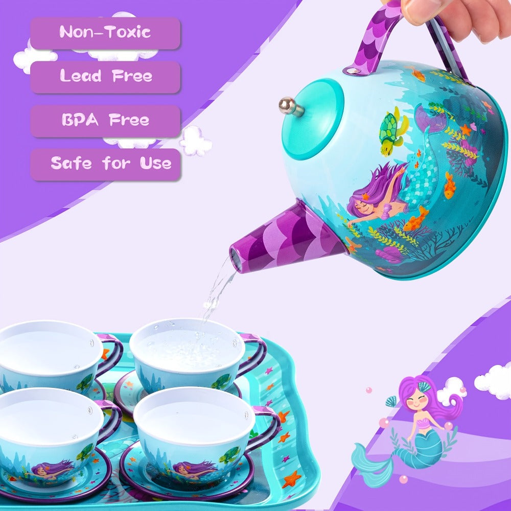 Mermaid Tea Party Set for Girls 21pcs, Tin Teapot, 4 Cups, Saucers, Plates & Carrying Case, Pretend Play Kitchen Toy for Toddlers