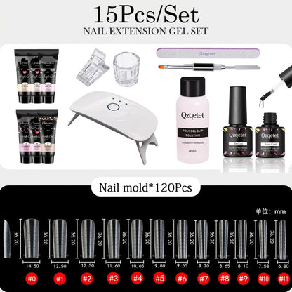 Poly Nail Gel Extension Kit 6 Colors with USB UV LED Lamp & Slip Solution – All-in-One Polygel Nail