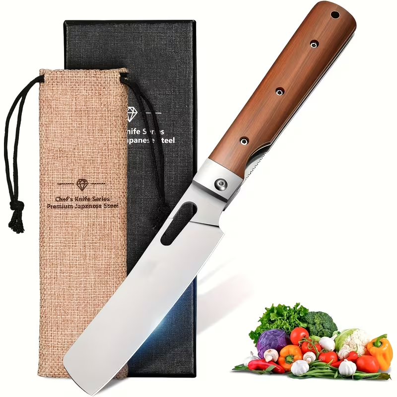 Folding Nakiri Kitchen Knife with 440C Stainless Steel Label, Wood-Look Handle, Drawstring Pouch and Box