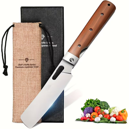 Folding Nakiri Kitchen Knife with 440C Stainless Steel Label, Wood-Look Handle, Drawstring Pouch and Box