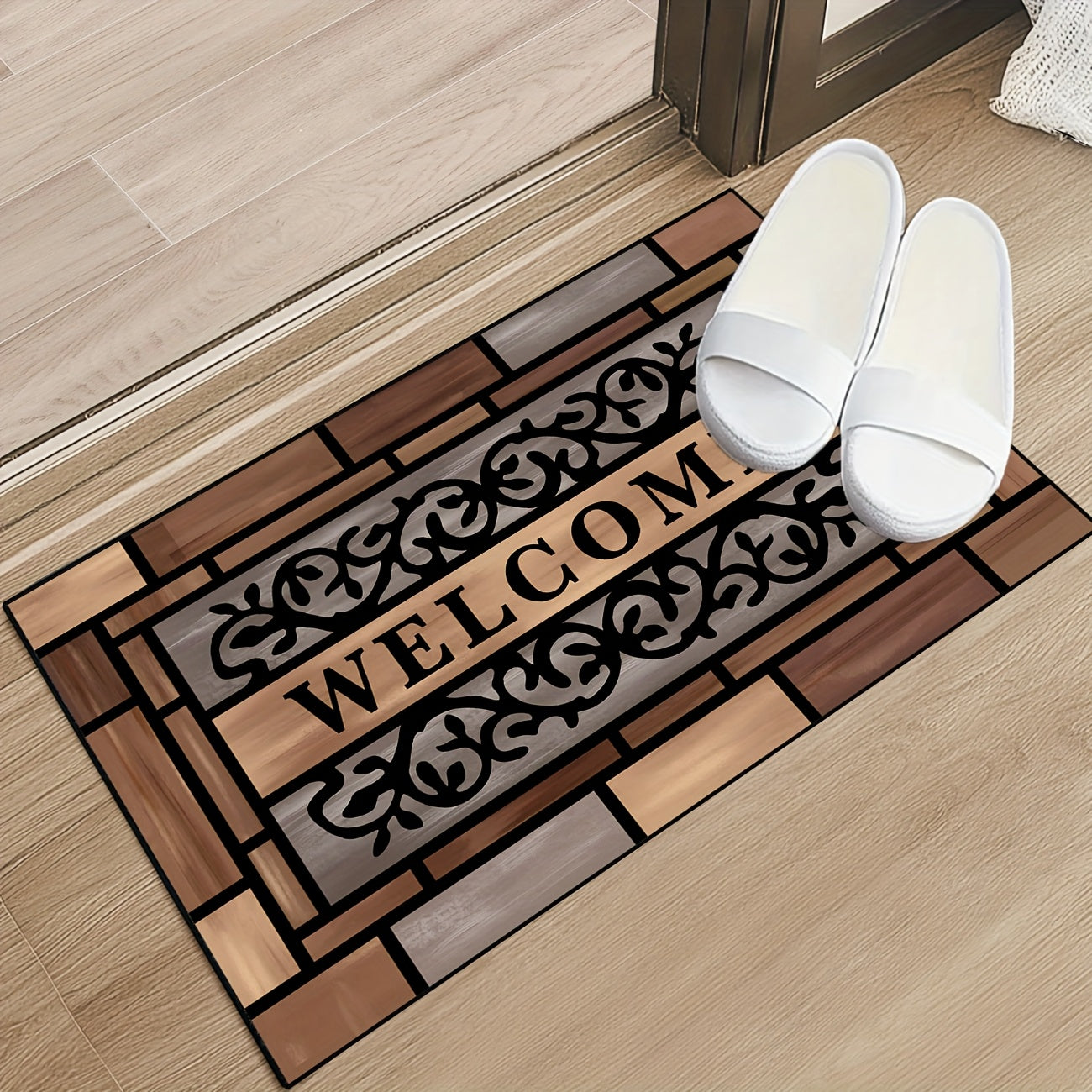 Welcome Doormat Wood Pattern – Entrance Mat with Polypropylene Backing, Indoor Outdoor Floor Mat for Front Door