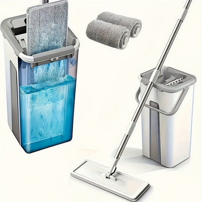 Flat Mop and Bucket Set with Wringer Metal Handle 2 Reusable Microfiber Pads Floor Mopping for Home Cooking, Dining and Outdoor Meals
