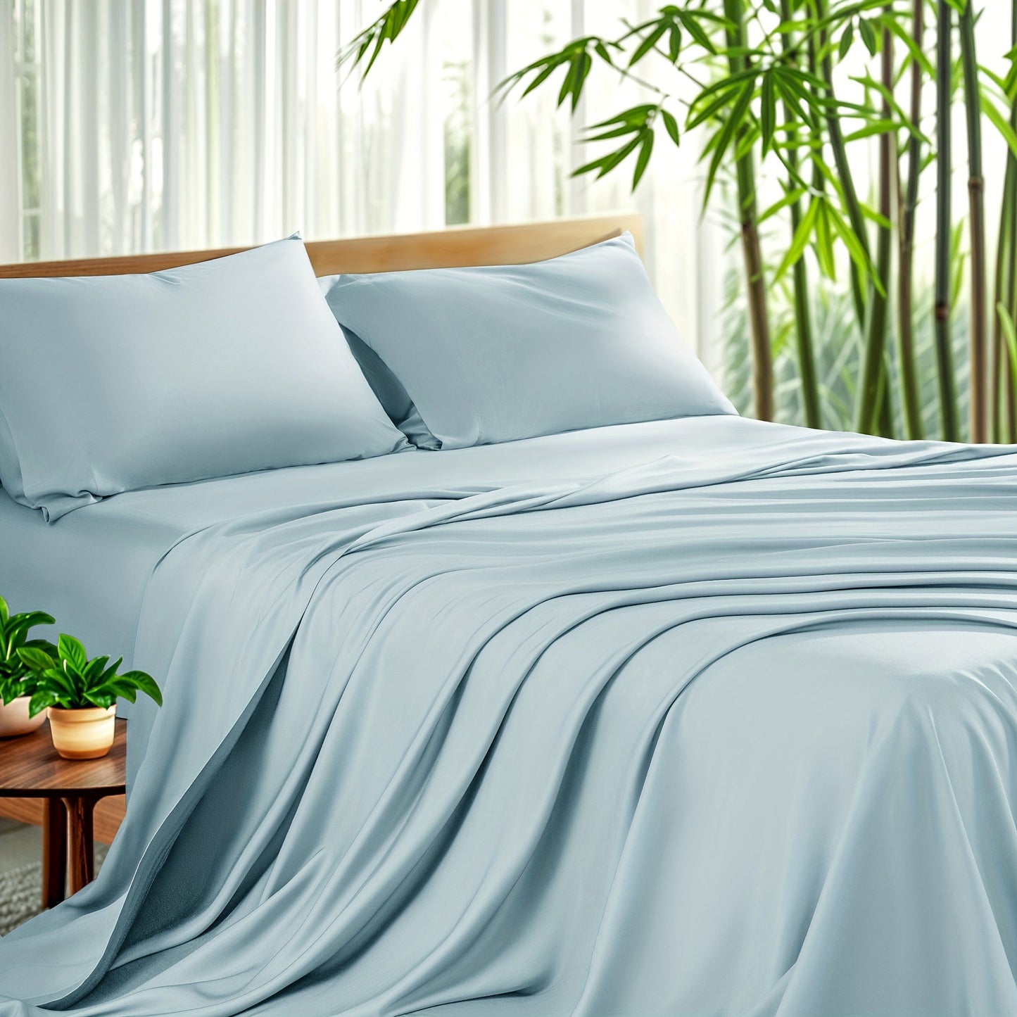 Sheet Set, Four-Piece Bamboo-Blend Plain-Weave Bedding with 16-Inch Fitted Pocket and Thirteen Solid Colors