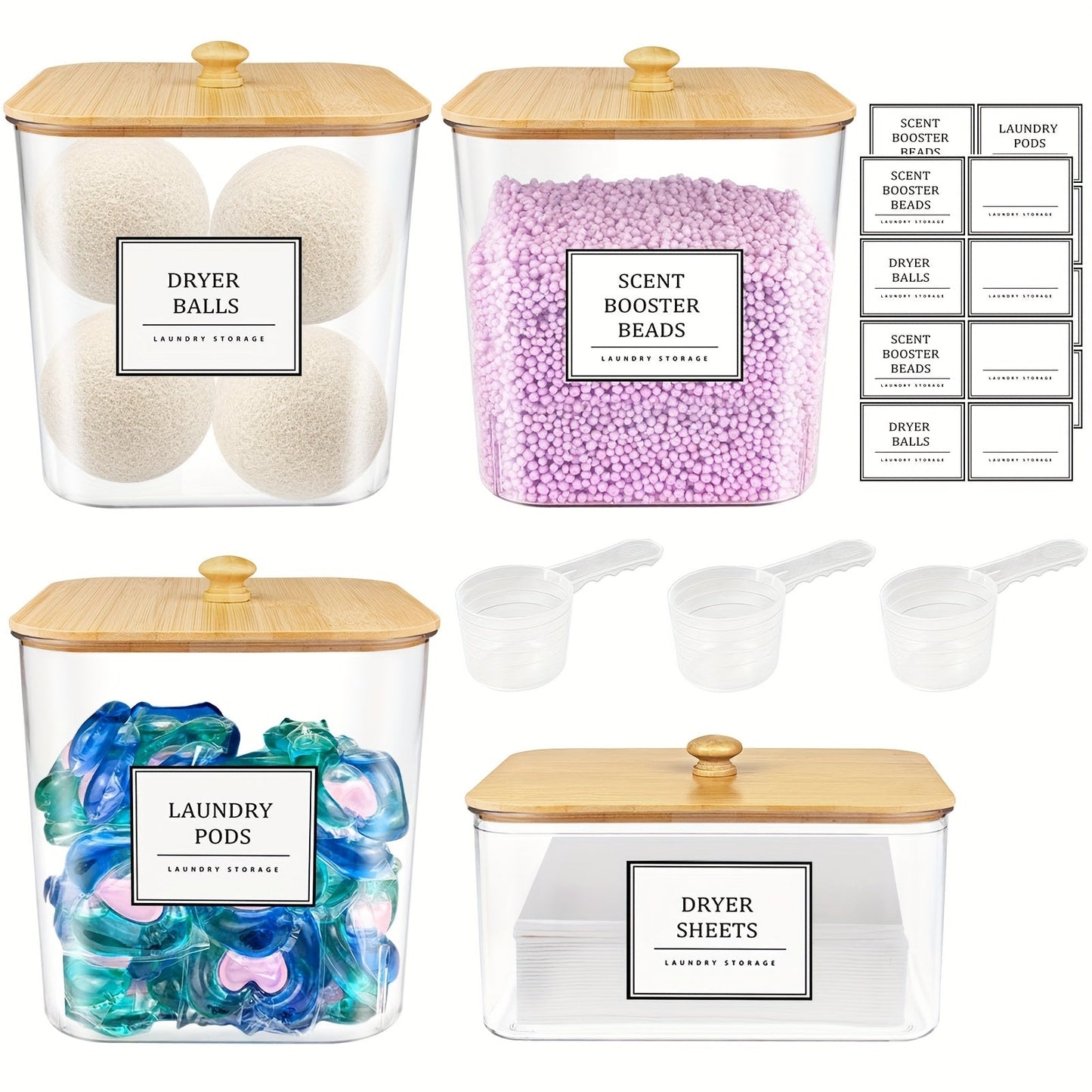 Laundry Pods Container & Dryer Sheet Holder Set with Bamboo Lids, Clear Laundry Room Organization Containers for Scent Booster, Powder