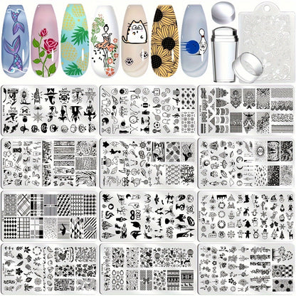 Nail Stamping Plates Set with Stamper & Scraper – Stainless Steel Nail Art Stamp Kit for Beginners & Pros
