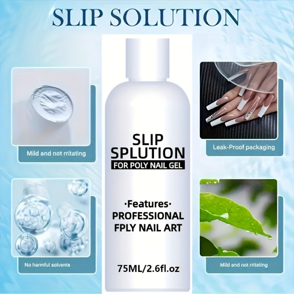 Poly Gel Slip Solution 75ml 2.6oz with Container – Anti-Stick Liquid for Poly Nail Extension Gel Application