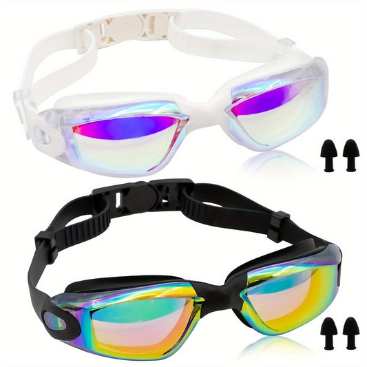 Two-Pack Mirrored Swim Goggles with Adjustable Split Straps and Black-White or Red-Blue Color Sets