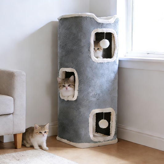 Cat Tree Tower Multi-Level Foldable – Indoor Cat House with Scratch Resistant Post, Soft Top Cat Bed, Cat Hideaway & Bell Ball Toy