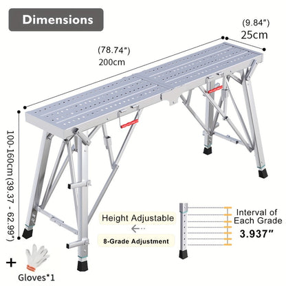 Adjustable Folding Scaffolding Work Platform, Portable Drywall Bench Step Ladder with Anti-Slip Feet & Safety Lock