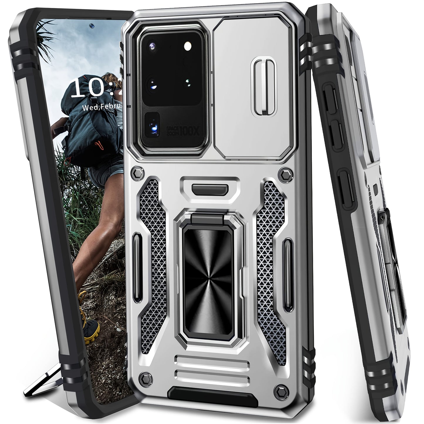 Samsung Galaxy Shockproof Magnetic Phone Case with 360° Rotating Ring Bracket & Sliding Lens Protector – Heavy Duty Cover for S24FE S23FE