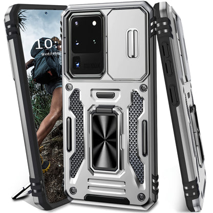 Samsung Galaxy Shockproof Magnetic Phone Case with 360° Rotating Ring Bracket & Sliding Lens Protector – Heavy Duty Cover for S24FE S23FE