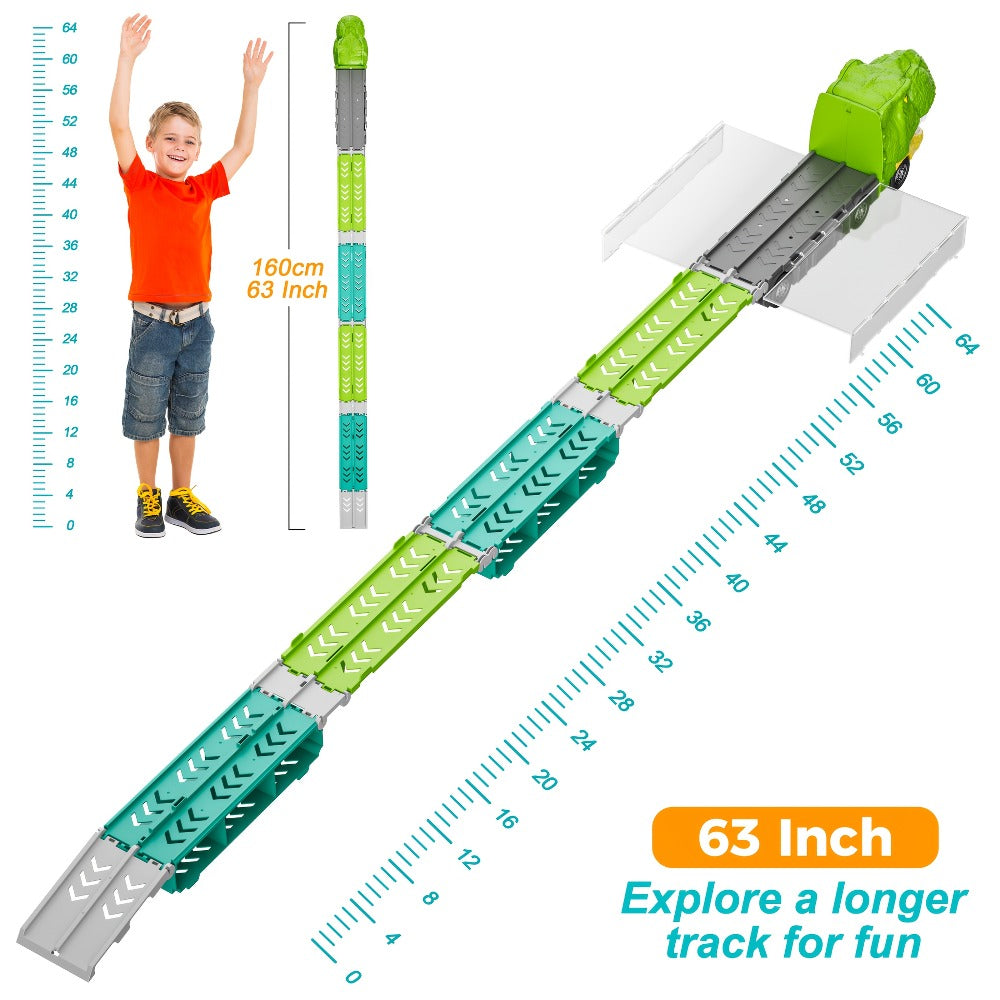 Dinosaur Truck Toys 13-in-1 Transport Carrier with 63-Inch Foldable Race Track, 6 Dino Cars + 6 Die-Cast Cars