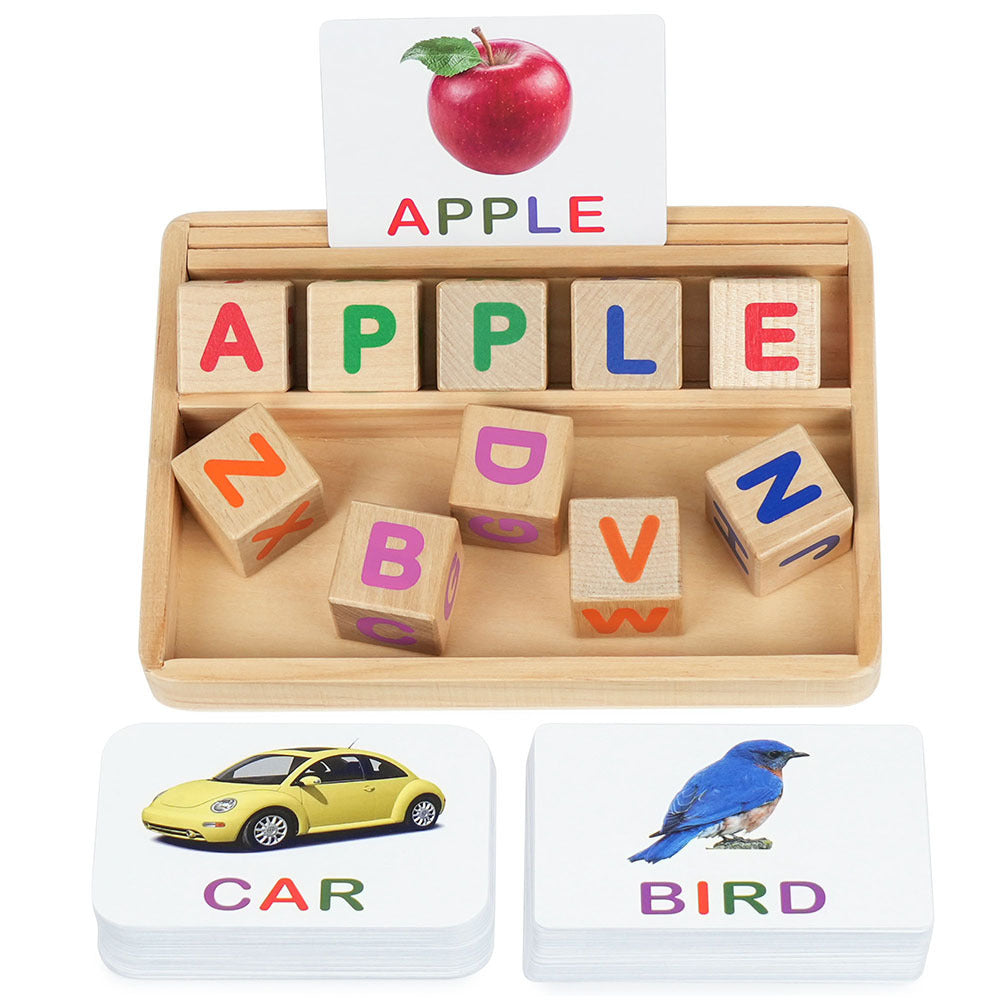 Phonics Word Builder Kit 110+ CVC Flash Cards 10 Letter Blocks Wooden Tray Spelling Matching Game | Learn to Read Toy for Preschool