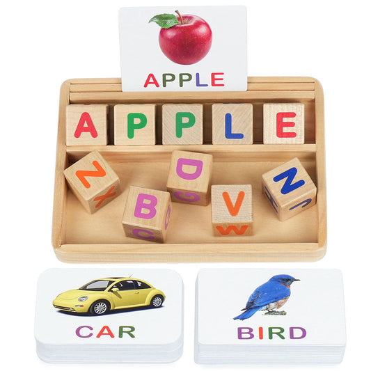 Phonics Word Builder Kit 110+ CVC Flash Cards 10 Letter Blocks Wooden Tray Spelling Matching Game | Learn to Read Toy for Preschool