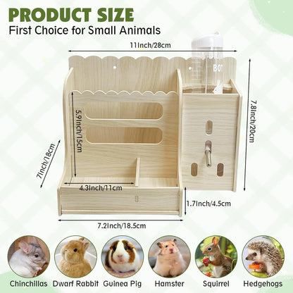 Hay Feeder Box for Rabbits & Guinea Pigs – Recycled Wood Multi-Compartment Dry Food Dispenser with Grass & Veggie Holders | Natural Wood