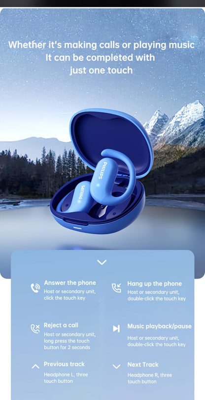 Philips TAT2739 Open Air Earbuds Wireless Bluetooth 5.3 Ear Hook Headphones with Wireless Charging Case
