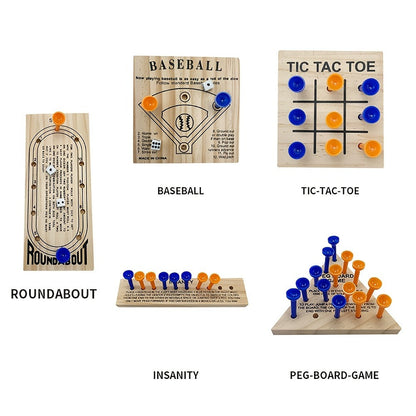 Wooden Board Game Set 5-in-1 – Luban Lock Puzzle Brain Games with Peg Board, Dice & Plastic Pieces, Classic Family Strategy Games Kit