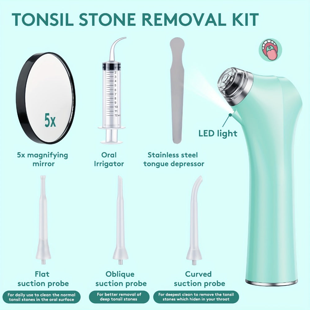 Tonsil Stone Remover Electric Vacuum Kit with LED Light – 3 Suction Modes 5X Magnifying Mirror Oral Irrigator Safe Gentle Tonsillolith