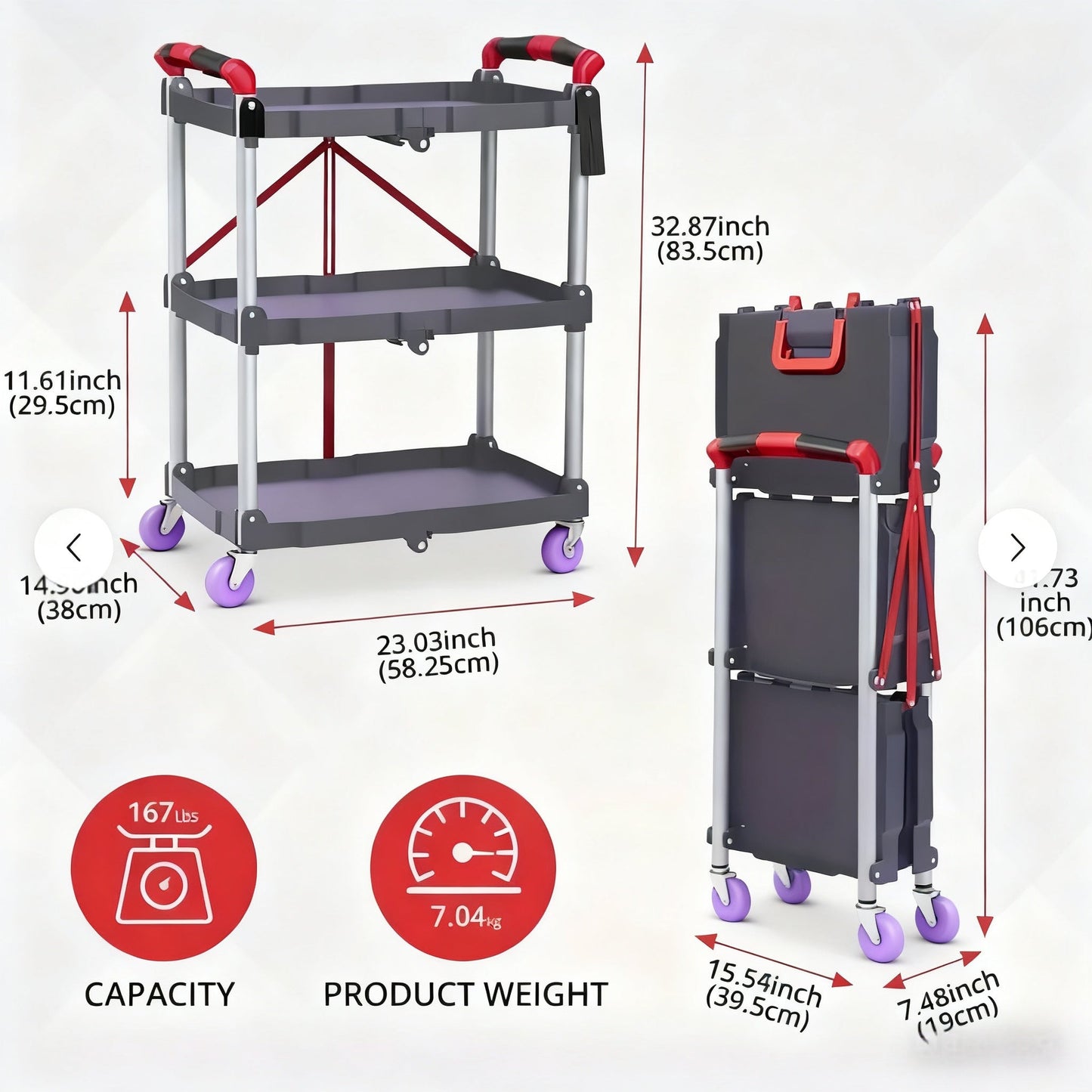 3-Tier Rolling Cart Collapsible Service Utility Cart on Wheels, Portable Folding 3 Shelf Cart for Kitchen Office Garage Workshop