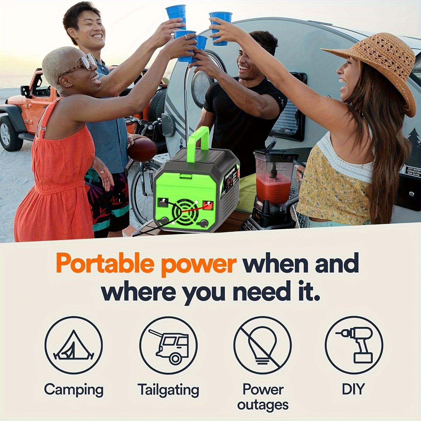 Portable 12V DC to 110V AC Power Inverter with 400W to 1000W Model Labels, Display and Carry Handle