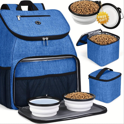 Pet Travel Backpack Double Layer Dog Cat Supplies Bag with 2 Collapsible Bowls 2 Food Baskets Portable Organizer for Outdoor Hiking Camping