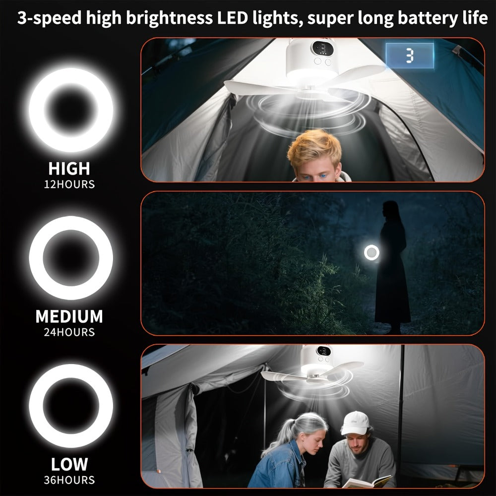 10400mAh Hanging Camping Fan with Remote Control, Three Wind Speeds, LED Light and White or Green Color Options