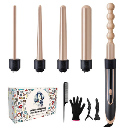5-in-1 Curling Wand Set Ceramic Interchangeable Barrels 0.4-1.25 Inch – 30s Fast Heat, for Home, Travel and Salon Hair Styling