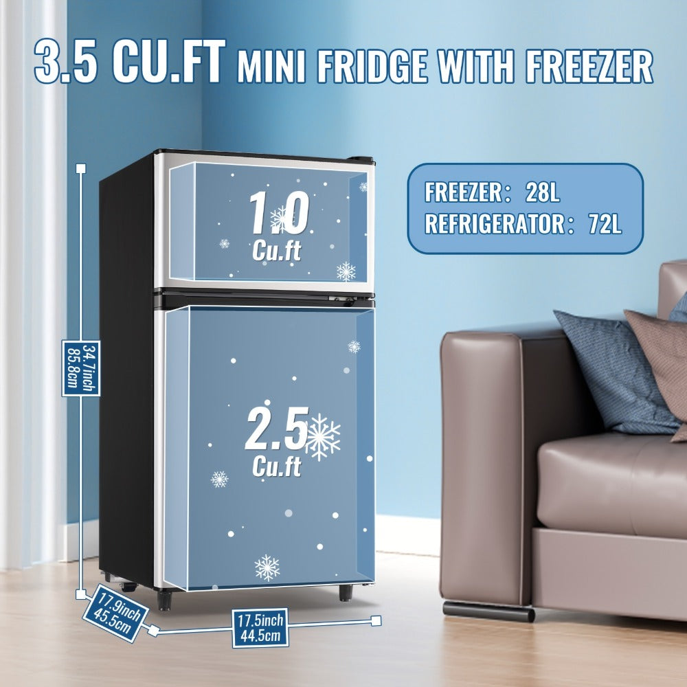 Small Fridge with Freezer, 2-Door Compact Refrigerator with 7-Level Adjustable Thermostat, Removable Shelves & Basket