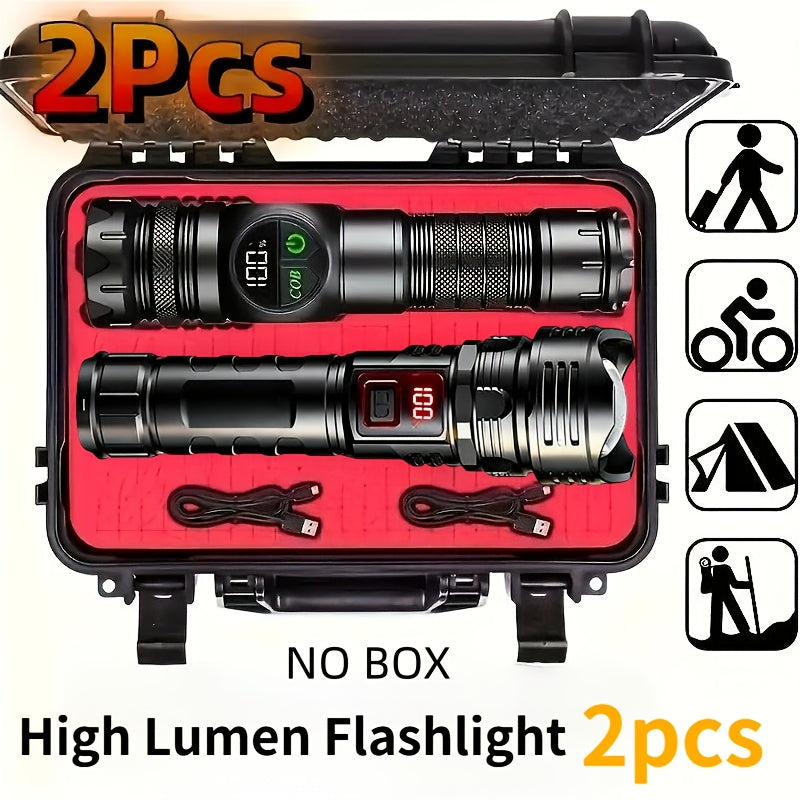 High Lumen Tactical Flashlight 2-Pack – COB Side Light, USB Fast Charging, Zoomable, Multiple Modes for Camping, Cycling, Fishing