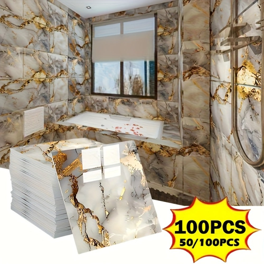 Peel and Stick Wall Tiles 50/100pcs PVC Marble Self Adhesive Vinyl Tile Stickers for Bathroom Kitchen Living Room