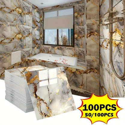 Peel and Stick Wall Tiles 50/100pcs PVC Marble Self Adhesive Vinyl Tile Stickers for Bathroom Kitchen Living Room
