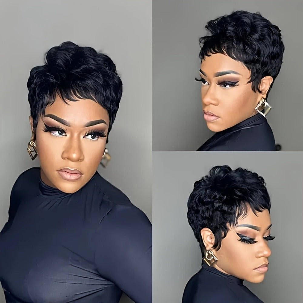4-Inch Straight Layered Pixie Human Hair Wig in Black with 150% Density and Machine-Made Rose Net Cap