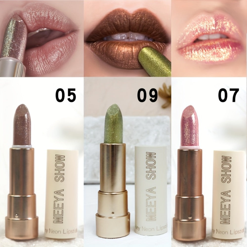 Glitter Shimmer Lipstick Set 3Pcs Pearlescent Pinkish Golden Creamy Glossy Sparkle Lip Gloss Lip Makeup for Party Stage Cosplay Festival